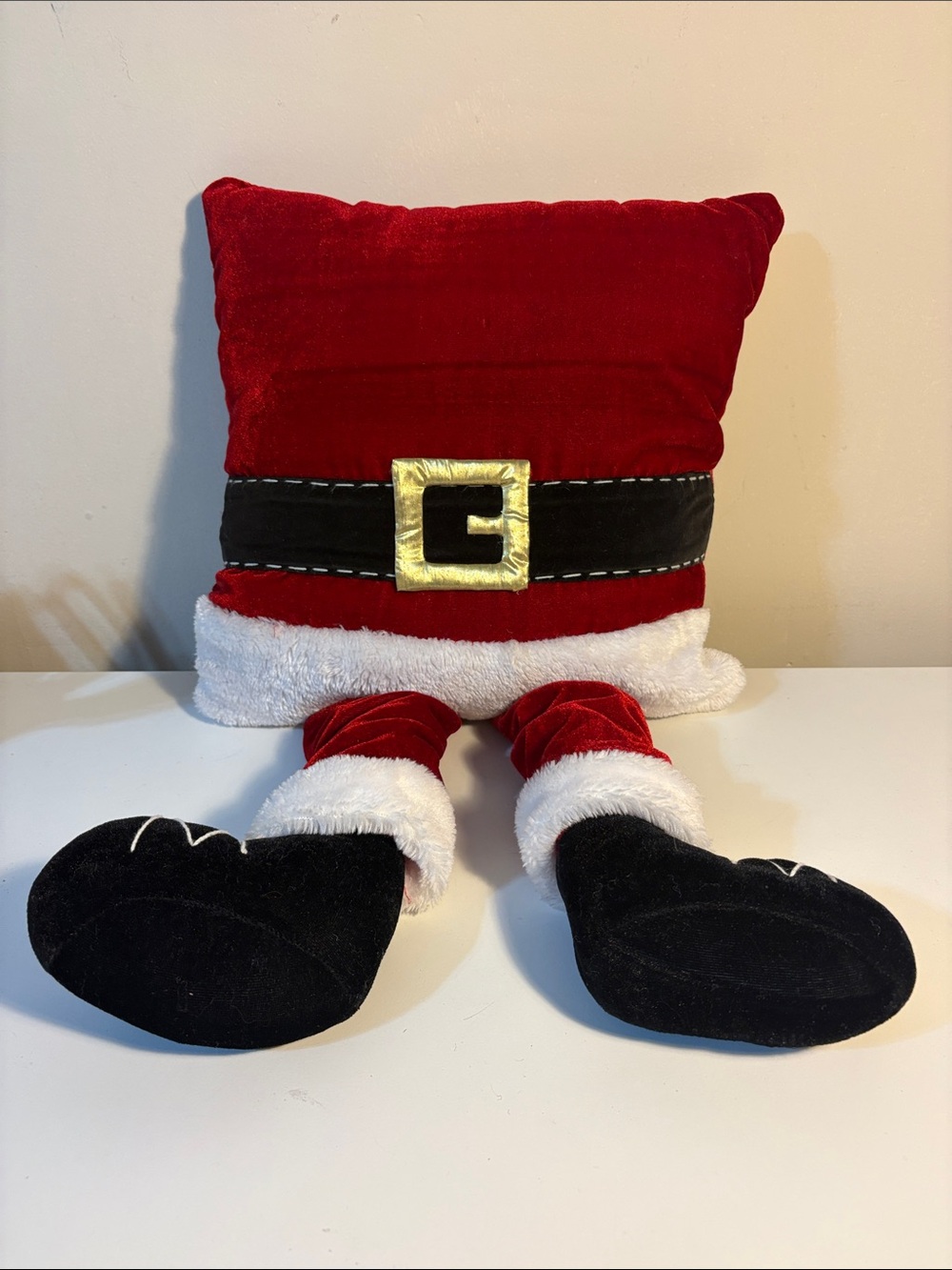 Festive Red Santa Belt Accent Pillow with Plush Boots